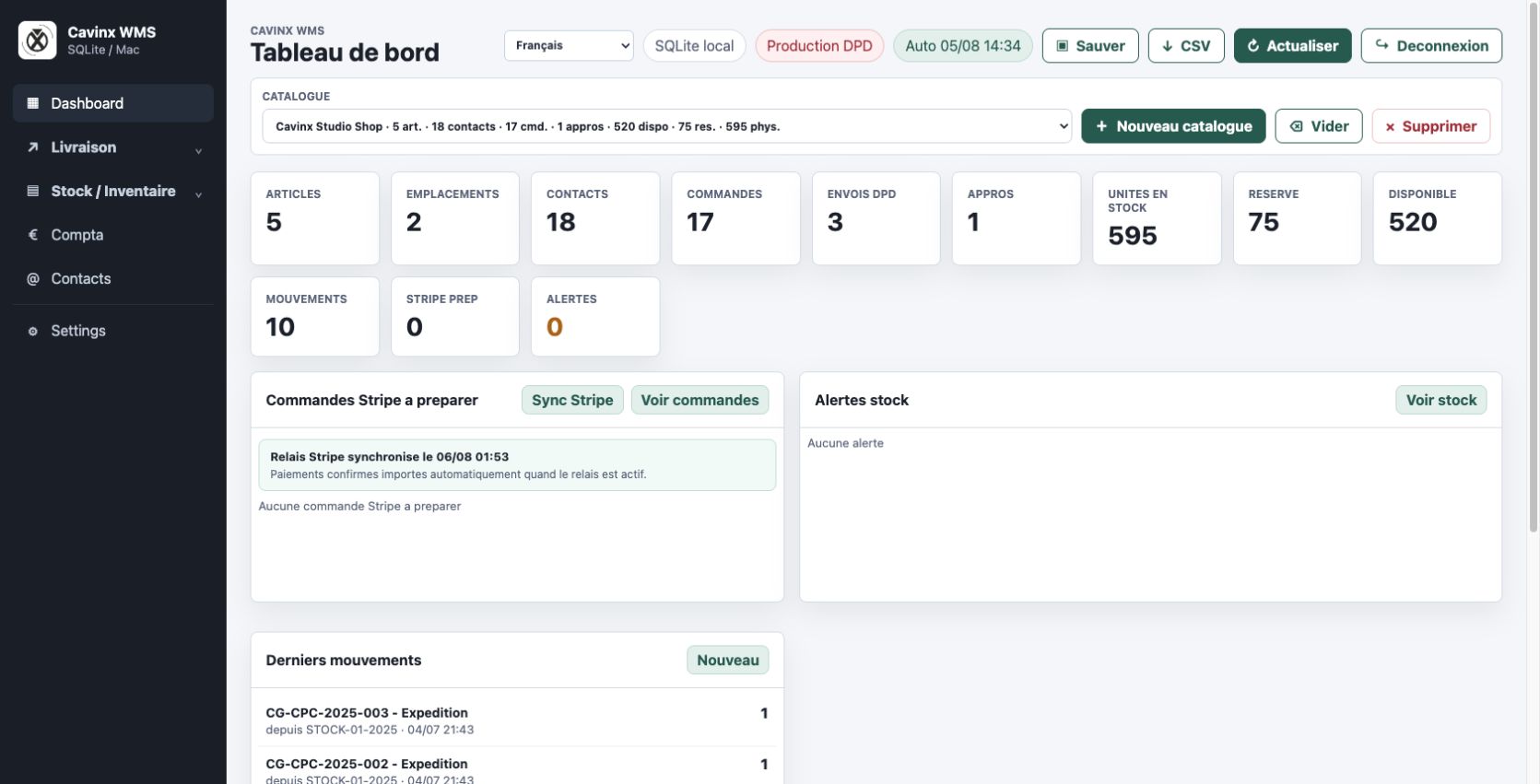 Cavinx WMS - Tableau de bord